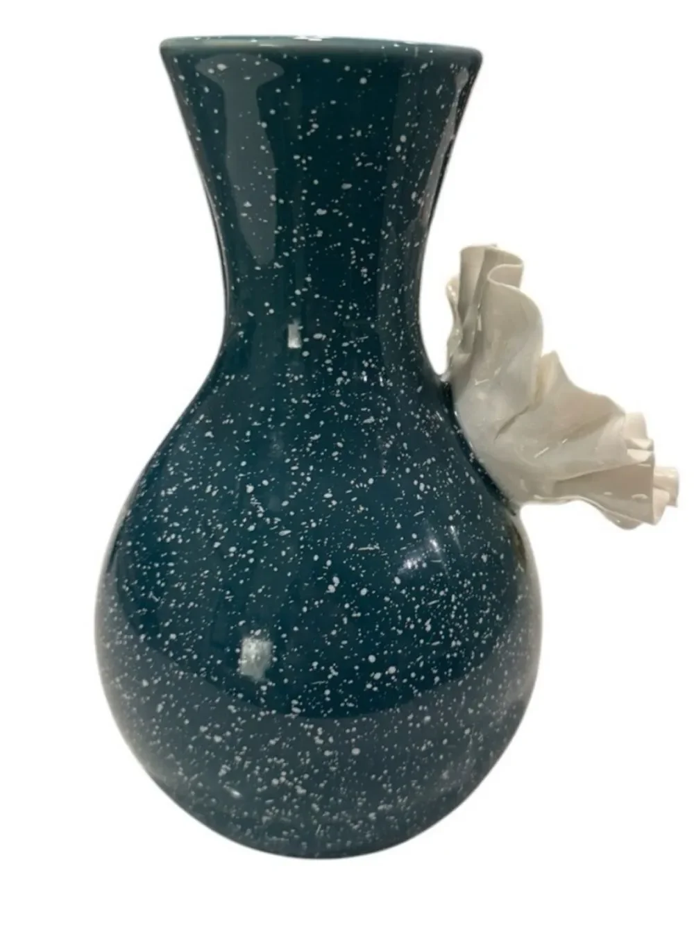 Anthropologie Speckled Dark Teal Vase With Large 3D White Flower 8 Inches Tall